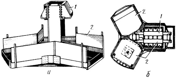 Рис. 32. Гидравлический пак-пресс РОК-200с: а - общий вид; 6 - вид сверху; 1 - станина (рама); 2 - платформа